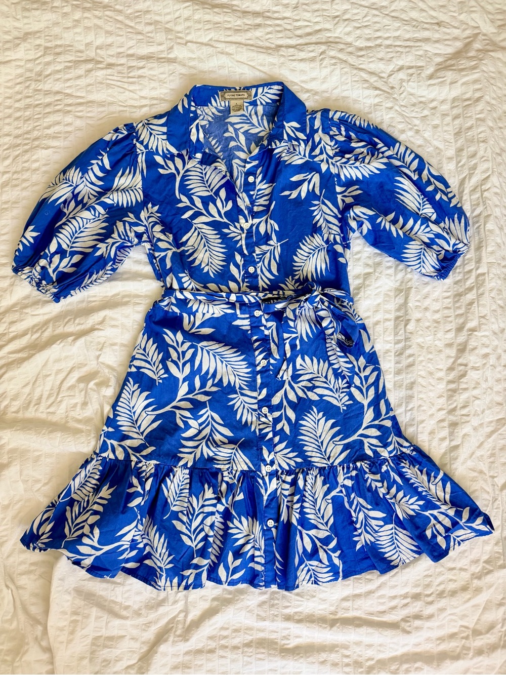 Flying Tomato Blue and White Leaf Print Casual Dress Size L